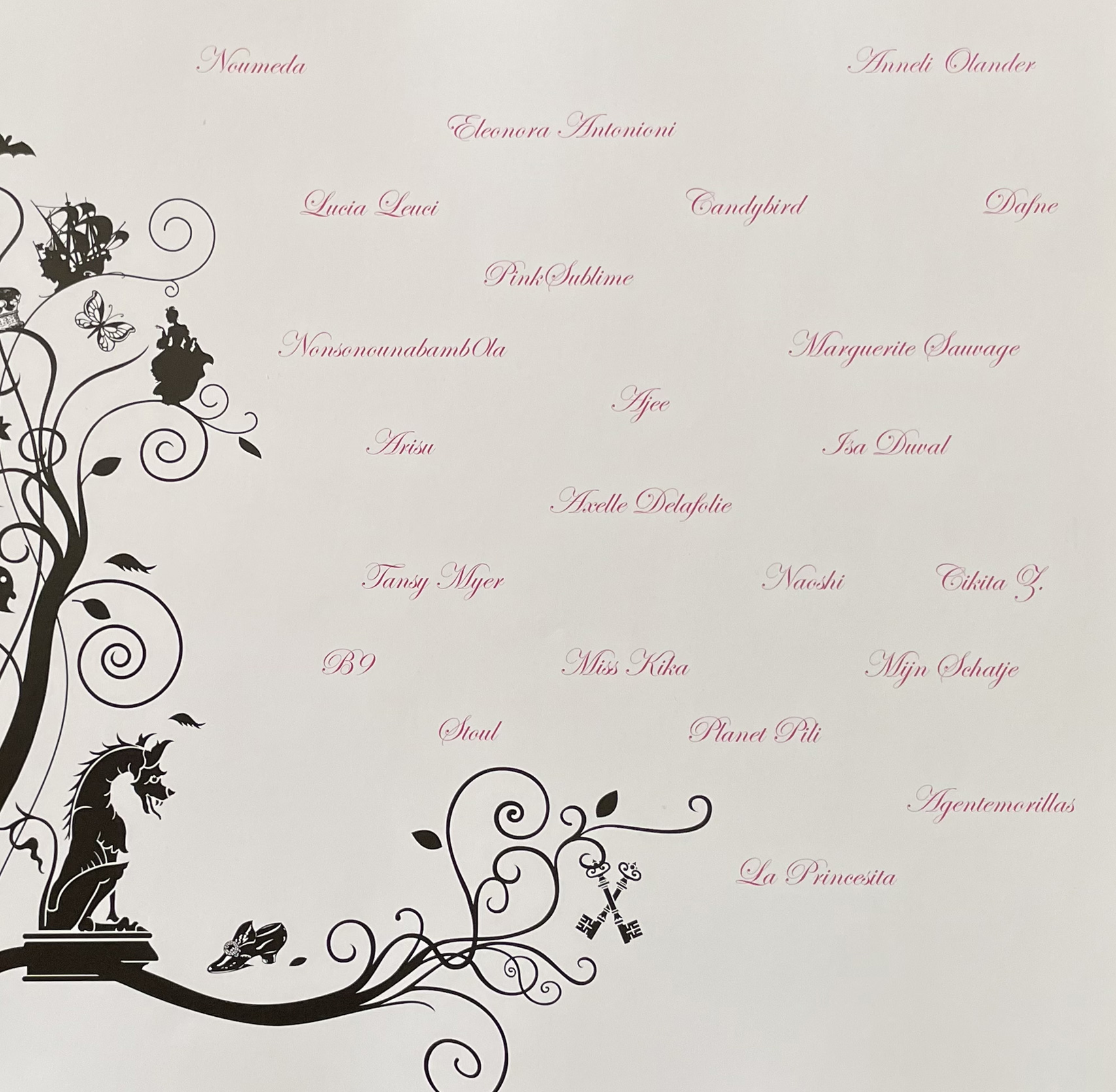 A page featuring the names of the Pink Attitude artists